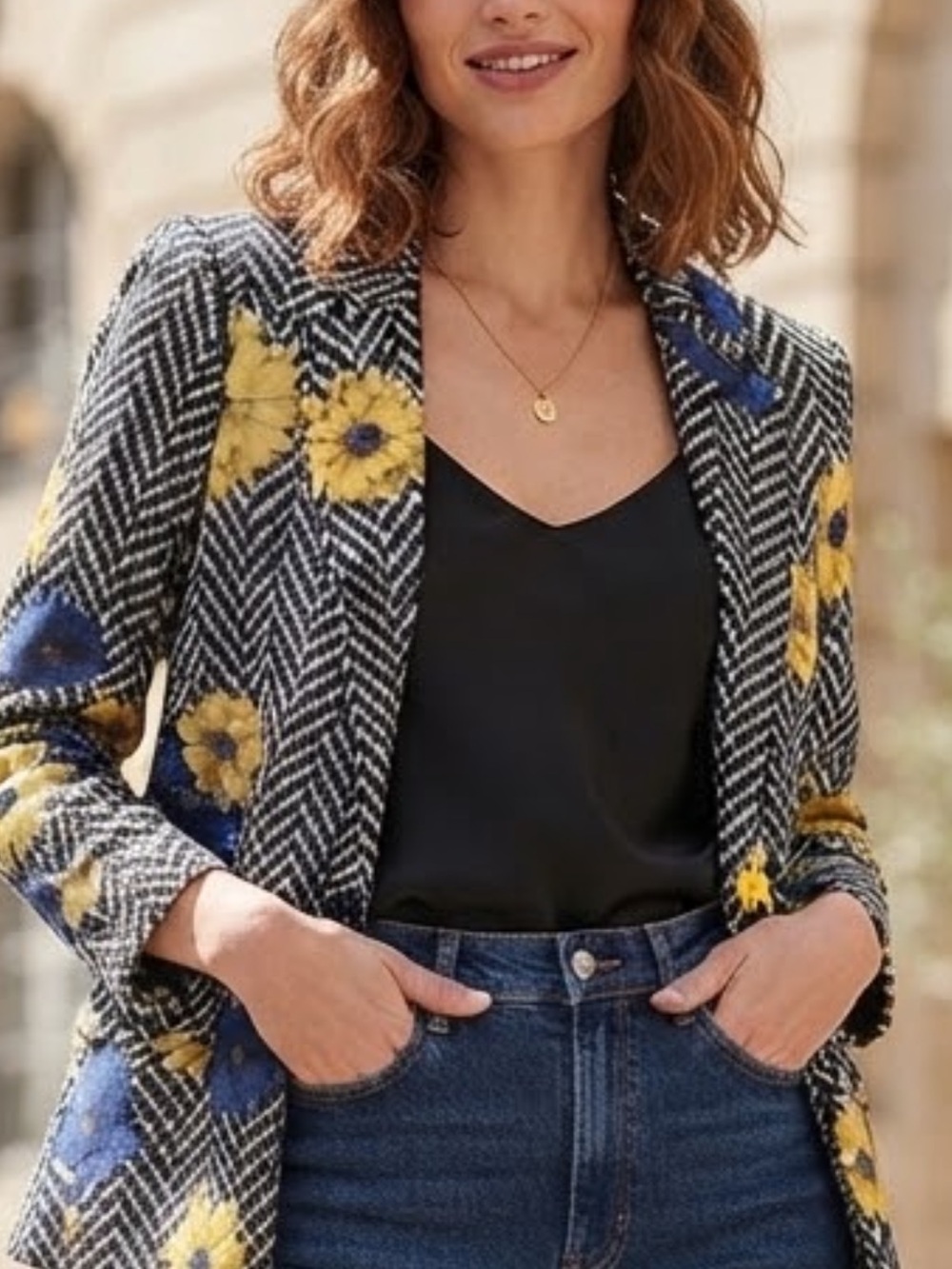 Black Herringbone Blazer with Yellow & Blue Floral Print